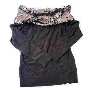 NY & Co Silver and Black Twist Off Shoulder Sequin Knit Sweater Size M